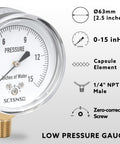 Low Pressure Gas Line Gauge With Capsule System, 0 To 15 Inches Of Water Column, 2.5 Inch Dial, Chrome Plated, NPT Lower Mount