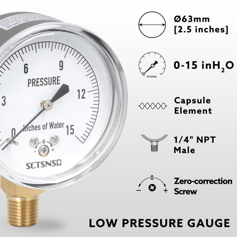 Low Pressure Gas Line Gauge With Capsule System, 0 To 15 Inches Of Water Column, 2.5 Inch Dial, Chrome Plated, NPT Lower Mount