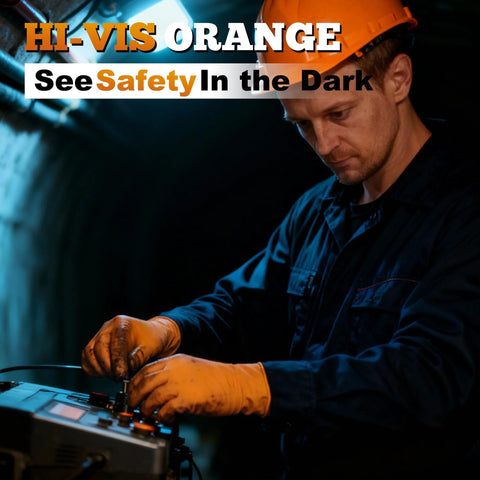 Side view of worker wearing TitanFlex orange nitrile gloves, handling control panel in a dark workshop