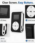 Clip On Mini MP3 Player With USB Clip, Ultra Compact Music Player features LCD display, tactile controls, and built-in clip