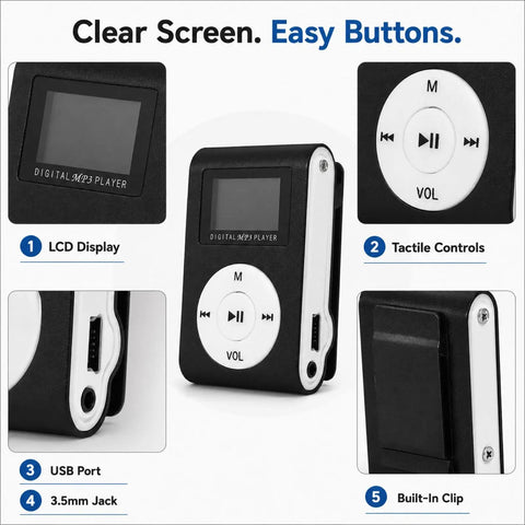 Clip On Mini MP3 Player With USB Clip, Ultra Compact Music Player features LCD display, tactile controls, and built-in clip