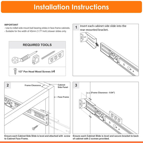 Installation instructions for Heavy Duty Soft Close Drawer Slides And Replacement Socks That Glide Like Butter With Zero Jamming Issues Featuring A Rock Solid Rear Bracket For Full Extension Cabinet Drawers Rated At Two Hundred Pounds.