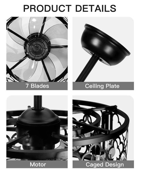 Close-up image of the Farmhouse Ceiling Fan With Lights 20 Inch Caged Design, showing 7 blades, ceiling plate, motor, and caged frame.