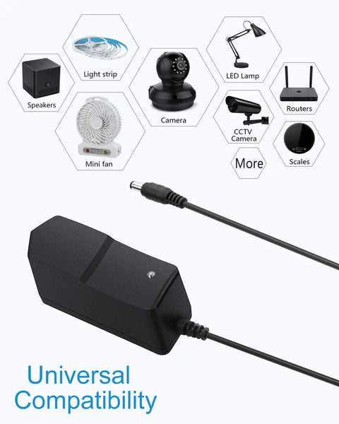 12V 1A Power Supply AC to DC Adapter 100-240V Input 12W Plug And Play For LED Strip Lights CCTV Cameras And More With 5.5x2.5mm Or 2.1mm DC Plug Perfect For Home Office Studio And DIY Projects., black AC-DC adapter with cable and barrel plug