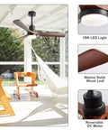 52 Inch Wood Ceiling Fan With Lights And Remote Control in modern patio with hammock and wooden chairs, walnut blades.
