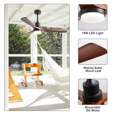 52 Inch Wood Ceiling Fan With Lights And Remote Control in modern patio with hammock and wooden chairs, walnut blades.
