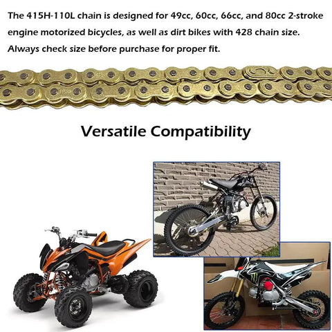 Gold Chain With Connector Link For 49cc 60cc 66cc 80cc 2 Stroke Motorized Bicycle Heavy Duty Racing Chain With Six Chain Links And Chain Breaker Tool For Quick Maintenance with images of compatible bikes.