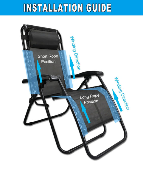 Installation guide for Four Pack Heavy Duty Zero Gravity Chair Replacement Cords on a black folding chair.
