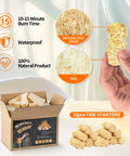 Hand holding a fire starter with natural pine shavings and wax, next to a box of Mini Fire Wood Sticks With 12 Fire Starters Fast Easy Starts Kiln Dried Pine 3.5 Inch Length Waterproof Charcoal Starters Clean Burning Long Lasting Heat For Tabletop Fire Pit And Solo Stove Mesa 7.5 Lbs.