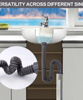 Expandable 1-1/2 Inch Sink Drain Kit With Flexible P-Trap No-Fuss Quick Install, under-sink view with emphasis on versatility.