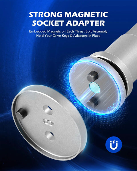 Magnetic socket adapter in silver metal with blue glow, front view showing two-piece disc assembly
