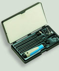 Noga Machinists Bronze Unikit Deburring Set W/ Ngagrip Handle in a black case, featuring various blades and holders for precision metal finishing.