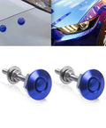 Universal Car Body Panel Push Button Quick Release Fasteners Kit in Blue for Hood Trunk Bumper Doors and Lids shown installed on car