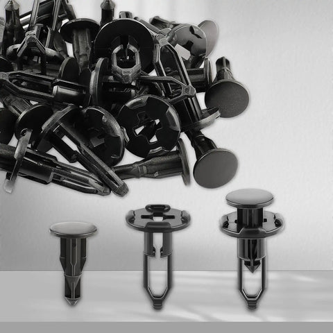 Close-up of Tailgate Cap Top Protector Molding Retainers Clips 16 Piece Set compatible with Toyota and Lexus models, black plastic
