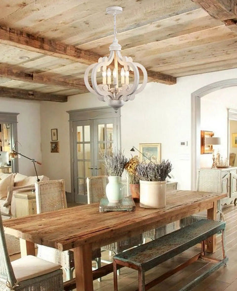 White French Country Five Light Chandelier With Antique Distressed Wood Cozy Farmhouse Rustic Pendant Light in dining room setting.