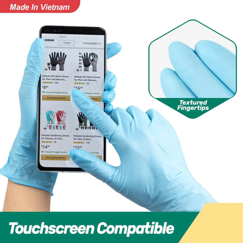 Blue Disposable Nitrile Gloves For Kitchen Cooking And BBQ, 100 Percent Food Safe, Powder Free, using a smartphone for selection.