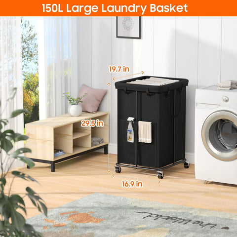 Locking Swivel Caster Wheels Set of 4 for Laundry Baskets, Rubber Non Marking Wheels With 360 Degree Rotation attached to black laundry basket
