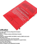 No Sweat 4 In 1 Pro Ram Diagnostic Tester Card For DDR3 DDR4 DDR5 UDIMM RDIMM Motherboard Slot Analyzer Kit showing a red PCB with specifications.