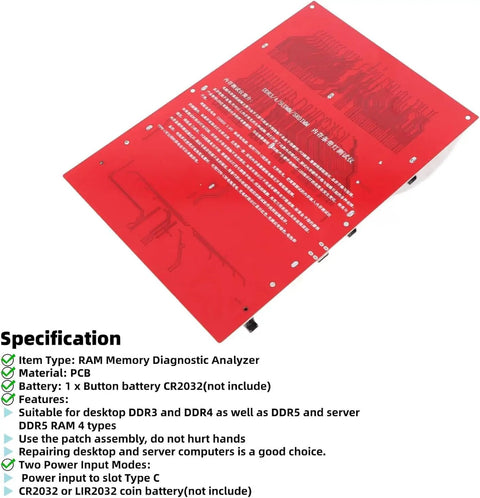 No Sweat 4 In 1 Pro Ram Diagnostic Tester Card For DDR3 DDR4 DDR5 UDIMM RDIMM Motherboard Slot Analyzer Kit showing a red PCB with specifications.