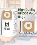 Close-up of VF3502 vacuum bag showing rubber seal; text highlights high efficiency for 12 to 16 gallon wet dry vacuums.
