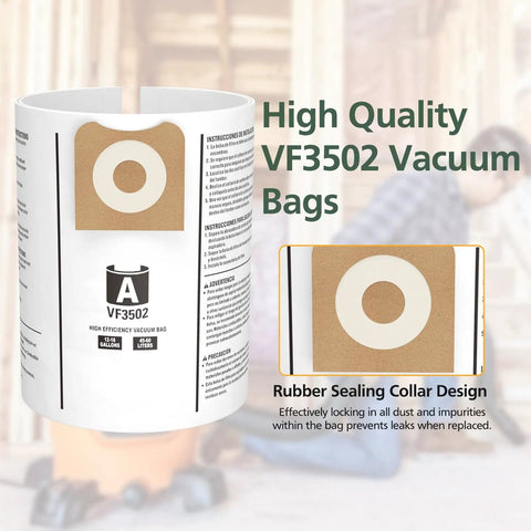 Close-up of VF3502 vacuum bag showing rubber seal; text highlights high efficiency for 12 to 16 gallon wet dry vacuums.