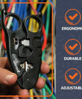 Hand holding Pro Grade Network Cable Cutter and Wire Stripper Tool for Ethernet and POE Cabling against colorful cables backdrop.