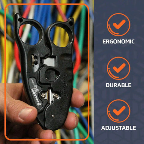 Hand holding Pro Grade Network Cable Cutter and Wire Stripper Tool for Ethernet and POE Cabling against colorful cables backdrop.