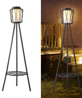 Metal Solar Floor Lamp With Plant Stand Outdoor Waterproof Lantern Lights For Patio Deck Yard Garden Porch 1 Pack Black Weatherproof Outdoor Lighting With Sturdy Tripod Dope Durable displayed in garden at night