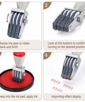 No Sweat 4 Digit Rubber Number Stamp With Adjustable Rotating Tapes For Office Inventory Warehouse Pricing Tags showing rotation and imprint steps.