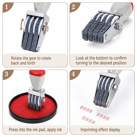 No Sweat 4 Digit Rubber Number Stamp With Adjustable Rotating Tapes For Office Inventory Warehouse Pricing Tags showing rotation and imprint steps.
