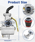 PZ20 Carburetor Kit for 125cc 110cc Chinese ATVs and go karts with dimensions and components like air filter and intake view.