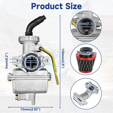 PZ20 Carburetor Kit for 125cc 110cc Chinese ATVs and go karts with dimensions and components like air filter and intake view.