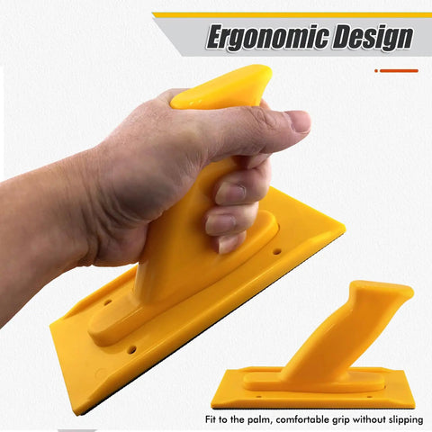 Person holding yellow push block with ergonomic handle, part of Two Pack Safety Push Blocks For Woodworking With Ergonomic Rounded And Angled Handles Pro Grade Grip For Router Table And Planer Heavy Duty ABS Plastic For Easy Control And Safer Faster Work.