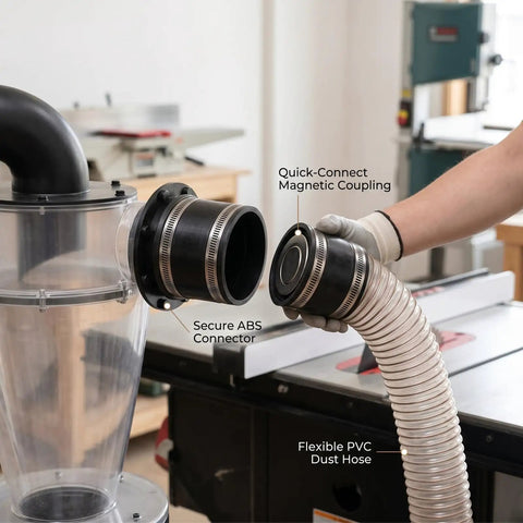 Xiuganpo 4 Inch Magnetic Dust Connector With Cuff For Shop Vac System Quick Connect Hose Fitting attached to flexible dust hose.
