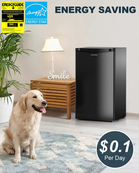 Upstreman 3.2 cu ft black single-door mini fridge with freezer for dorm or bedroom, Amazon