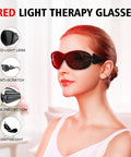 Front view of red-light therapy glasses with red lenses worn by a woman; black frame