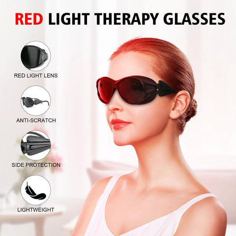 Front view of red-light therapy glasses with red lenses worn by a woman; black frame