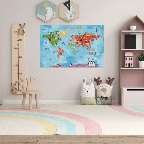 Room with World Map Cartoon Animals Canvas Banner for Classrooms and Playrooms Kid Friendly Educational Wall Decor 30 by 20 Inch