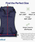 Diagram showing sizes for universal full body mesh lift sling for patient lifts, XXL size 52x44.5 inches, polyester material.