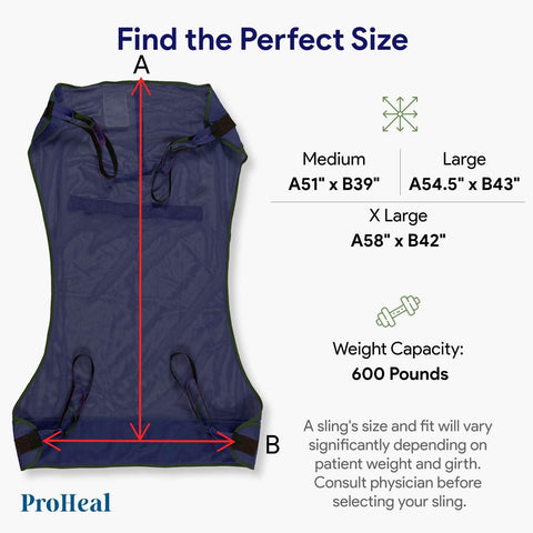 Diagram showing sizes for universal full body mesh lift sling for patient lifts, XXL size 52x44.5 inches, polyester material.