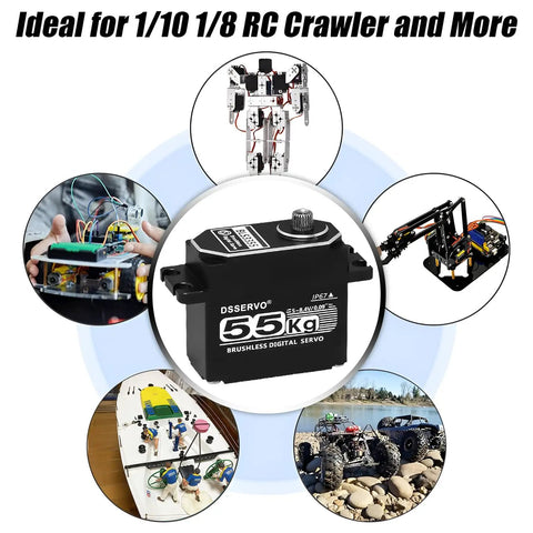 Beefy High Torque 55Kg Full Metal Coreless Digital RC Servo for One Tenth Scale Crawler Cars with robot and vehicle examples