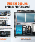 Heavy Duty Industrial Water Chiller Featuring Rapid Air Cooled Setup And Slick Temperature Regulation With Six Horsepower Auto Pump And Stainless Steel Reservoir Tank shows internal components like powerful fans and 16-gallon water tank.