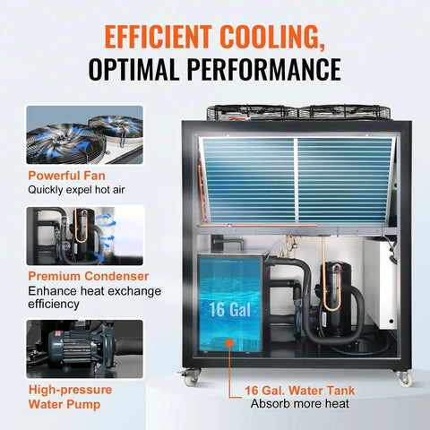 Heavy Duty Industrial Water Chiller Featuring Rapid Air Cooled Setup And Slick Temperature Regulation With Six Horsepower Auto Pump And Stainless Steel Reservoir Tank shows internal components like powerful fans and 16-gallon water tank.