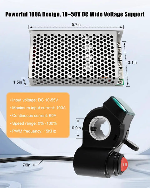 DC Motor Speed Controller With Thumb Throttle For 10 To 50V Systems, 60A Peak, Forward And Reverse, Real Time Voltage Display, Built In Cooling Fan, Fuse Protection, Ideal For DIY Motors, Bikes, Scooters, Robots