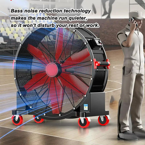 Heavy Duty Portable Floor Fan With Mega Reach Airflow And Easy Grip Handle Thirty Four Inch Sweep Three Adjustable Speeds in use.