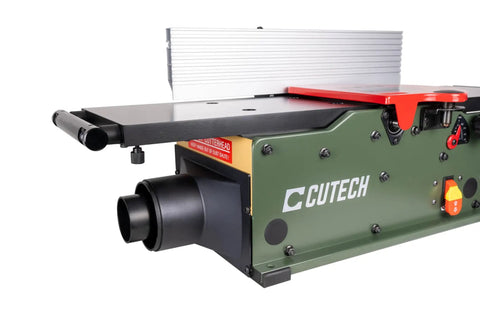 8 Inch Benchtop Jointer With Spiral Cutterhead And Teflon Coated Aluminum Tables Features side view showing motor and cutterhead.