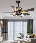 Crystal Light Frame Ceiling Fan With 52 Inch Span, 5 Wood Reversible Blades, Modern Chandelier Style in living room