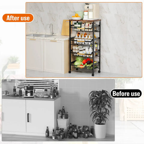 Before and after using Five Tier Rolling Utility Cart With Wheels Big Capacity Kitchen Storage Cart With Wooden Top And Mesh Baskets