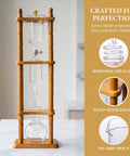 720 Milliliter Cold Brew Coffee Tower With Adjustable Valve Makes Five To Seven Cups with borosilicate glass and wooden frame.