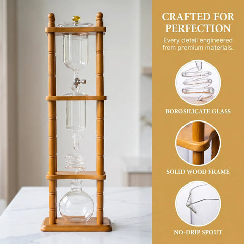 720 Milliliter Cold Brew Coffee Tower With Adjustable Valve Makes Five To Seven Cups with borosilicate glass and wooden frame.